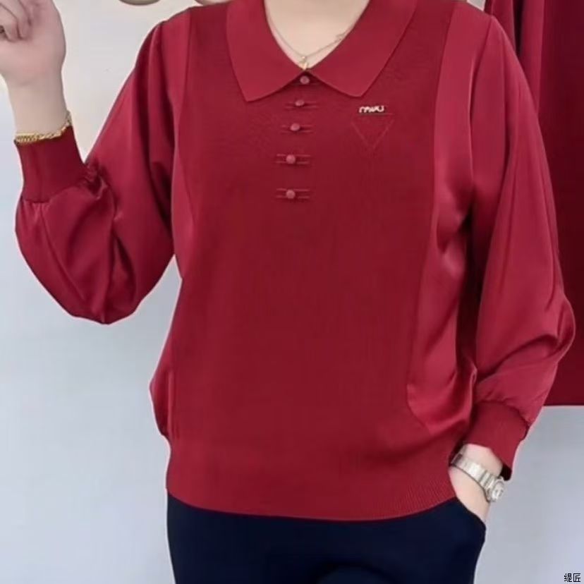 翻领长袖修身型长袖中老年女装洋气春秋小衫显瘦时尚