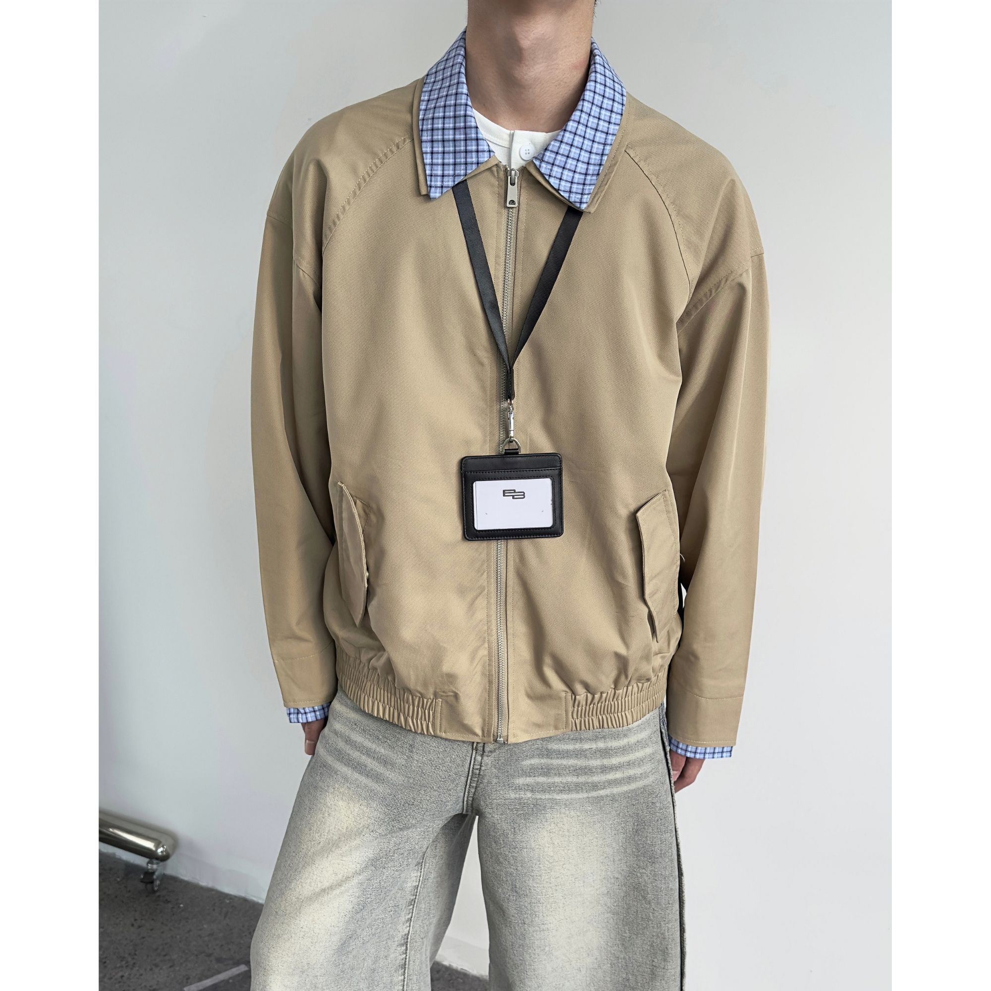 美式复古撞色格子拼接假两件外套男春秋季巴恩风夹克上衣潮