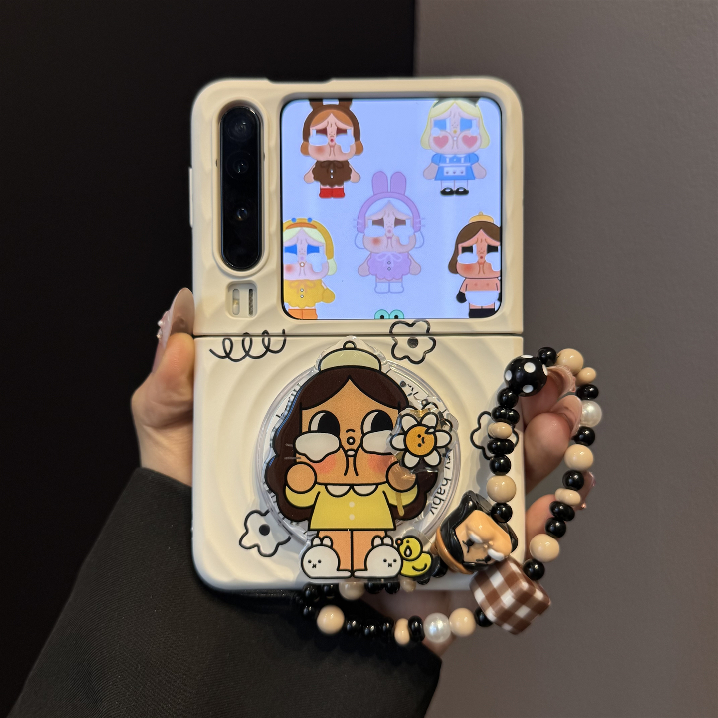 适用华为purax典藏版折叠屏手机壳pocket2波漾纹哭娃旋转花朵支架