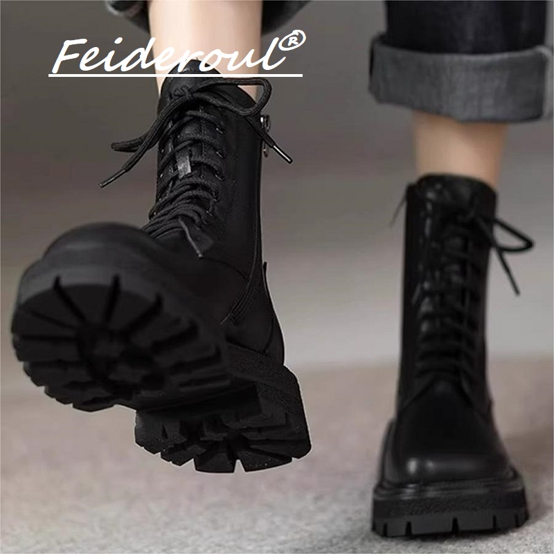 Feideroul甜酷马丁靴厚底真皮系带侧拉链百搭小短靴粗中跟单靴