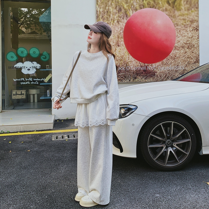 米灰色休闲运动套装女秋季2025新款蕾丝拼接套头卫衣阔腿裤两件套