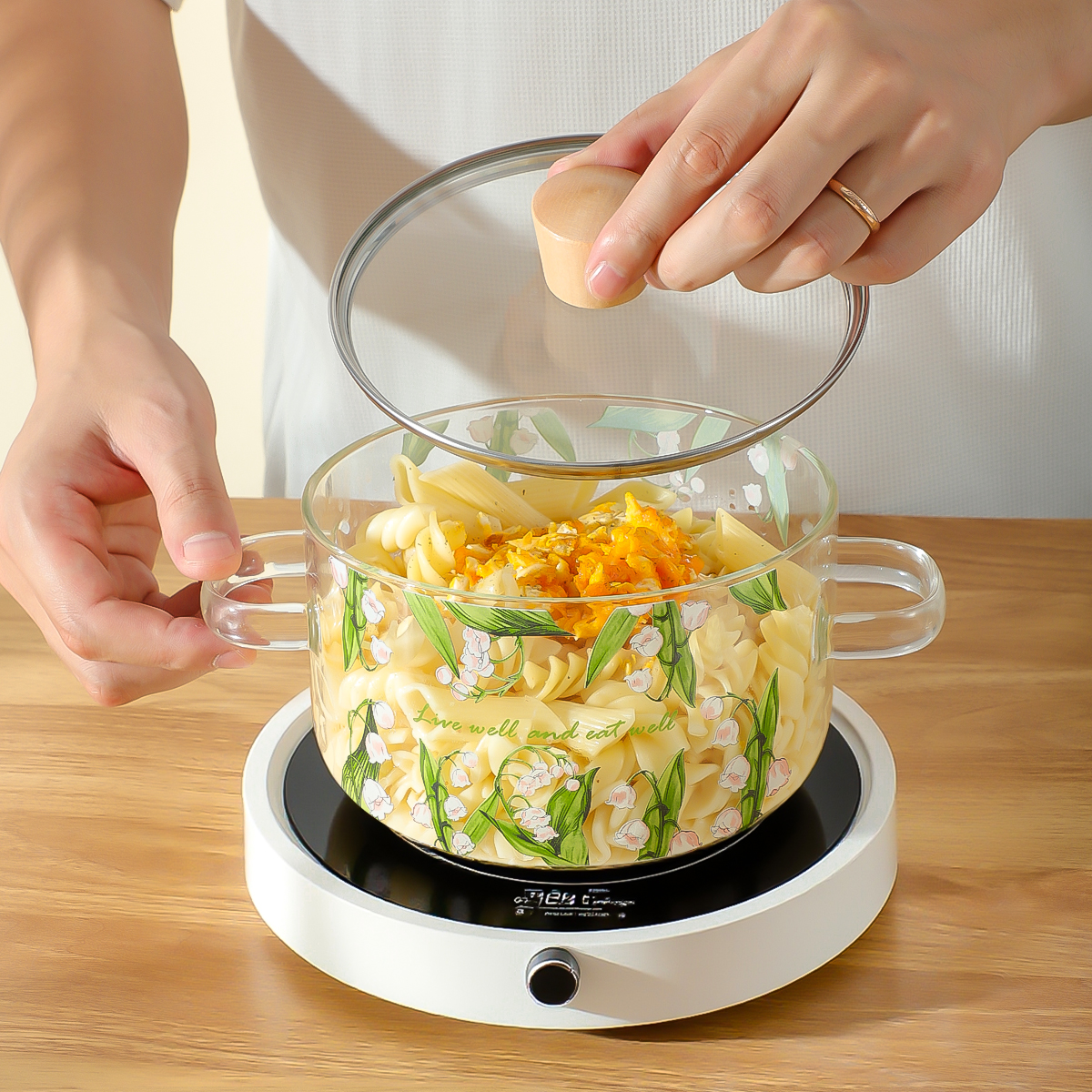 【1600ml】铃兰系列贴花玻璃奶锅双耳高硼硅耐热泡面锅辅食家用锅