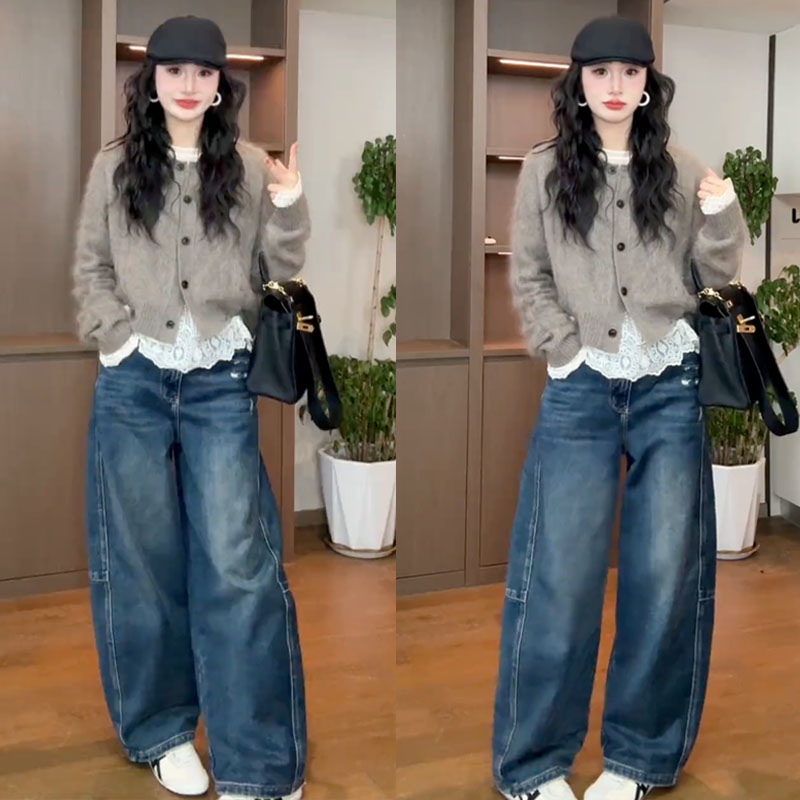 秋冬时尚一整套女装2025新款蕾丝内搭复古针织开衫牛仔裤三件套潮