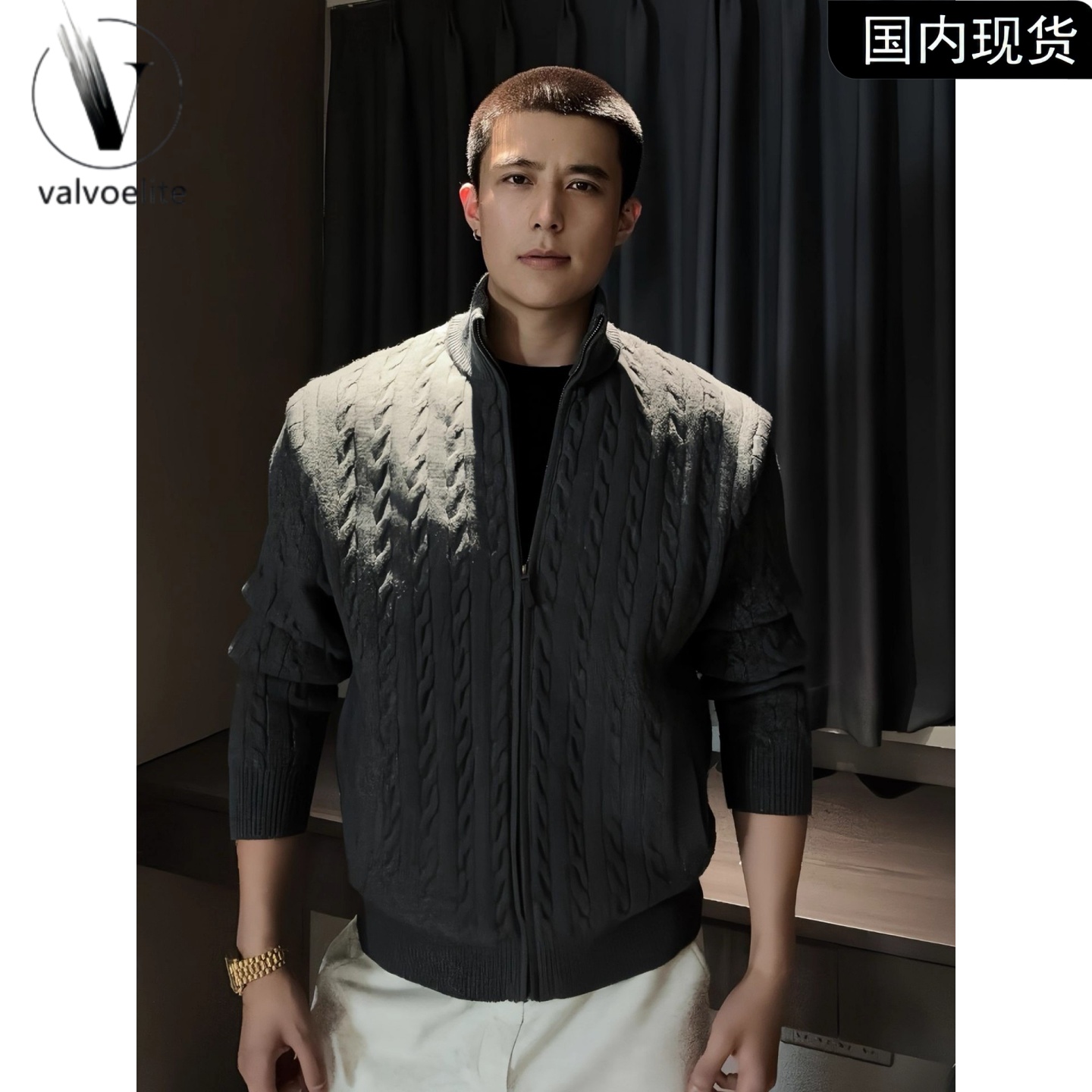 灰色拉链针织开衫外套男款秋季绞花毛衣慵懒高级感痞帅休闲夹克衫