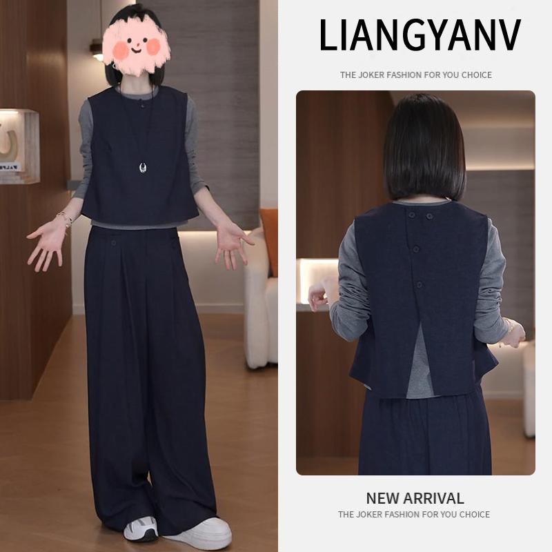 时尚气质马甲长袖T恤阔腿裤三件套女士2025秋季新款爆款洋气套装