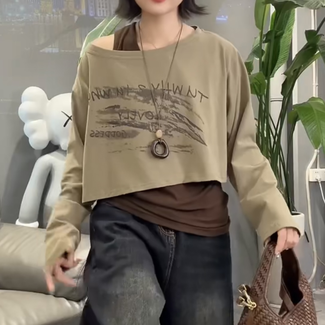 少女风吸汗短款字母长袖彩绘T恤宽松显瘦套头韩版5236