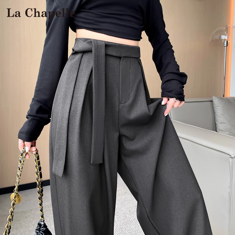 拉夏贝尔深灰色垂感西装裤女春秋2025新款宽松显瘦高腰窄版阔腿裤