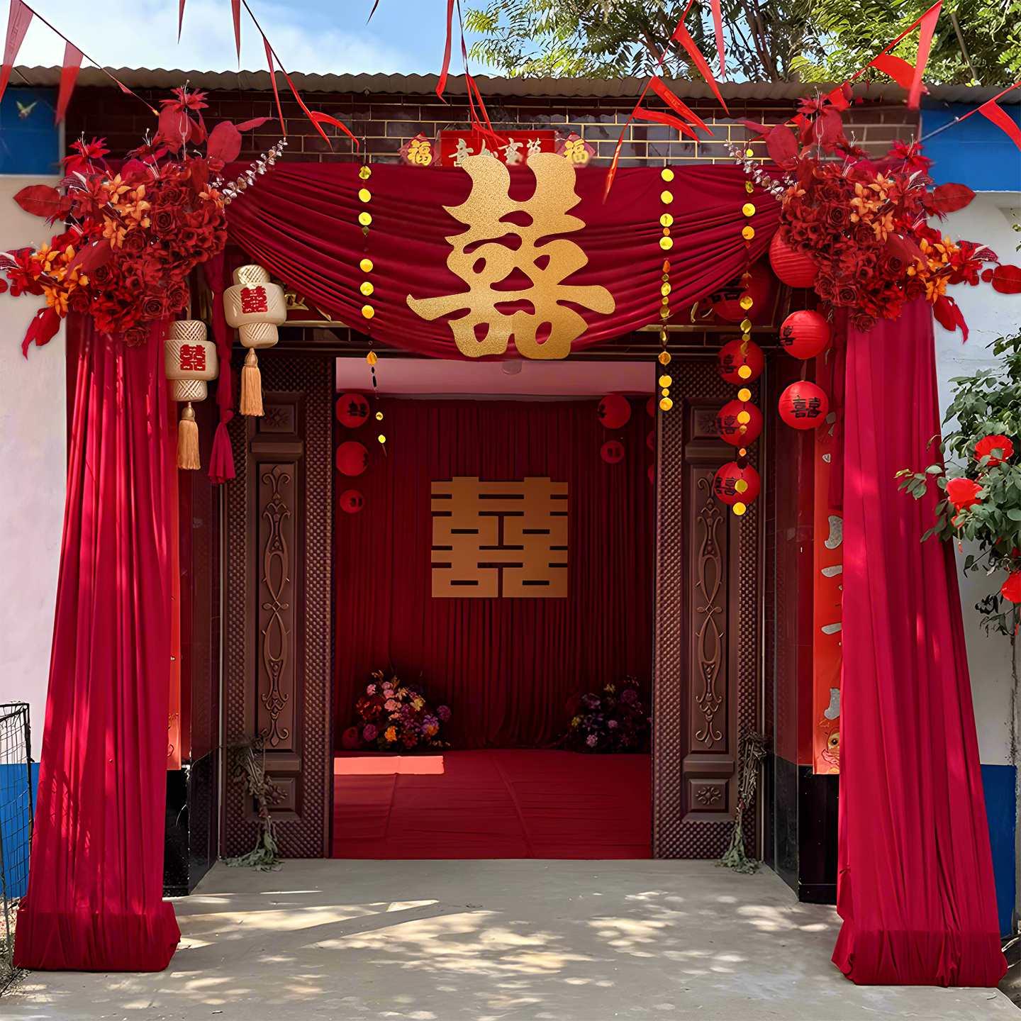 2025农村结婚庭院子婚礼布置自建房大门口婚房布幔布置装饰套装