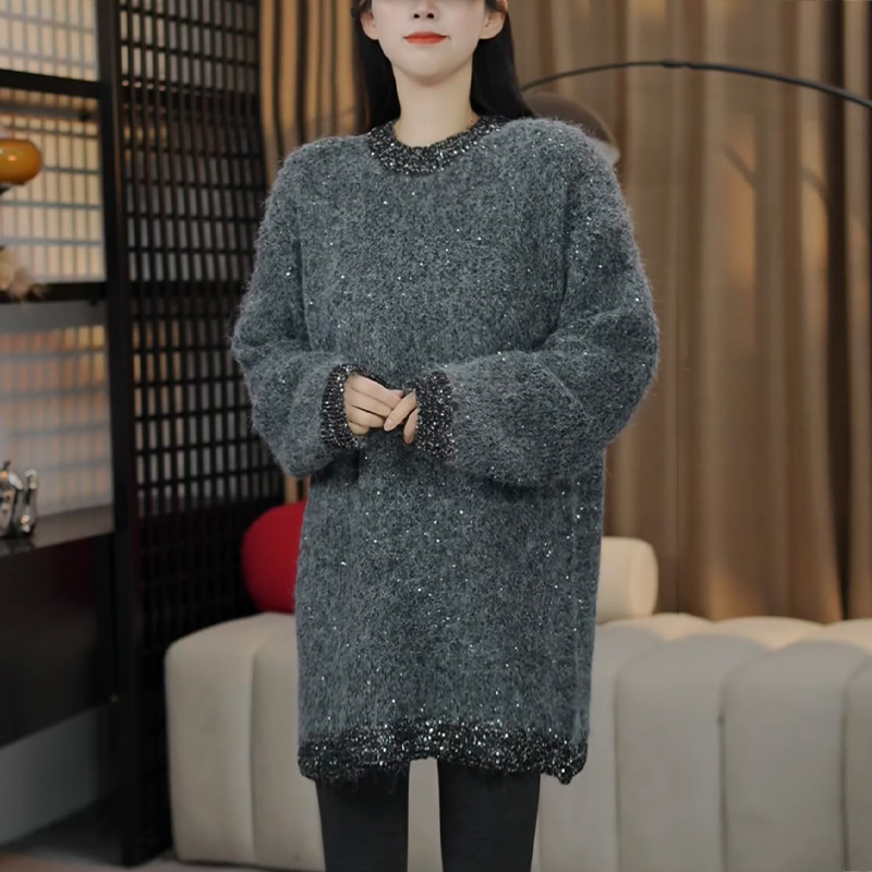 中长款灰色圆领针织衫女士秋冬新款洋气减龄重工亮片打底毛衣上衣