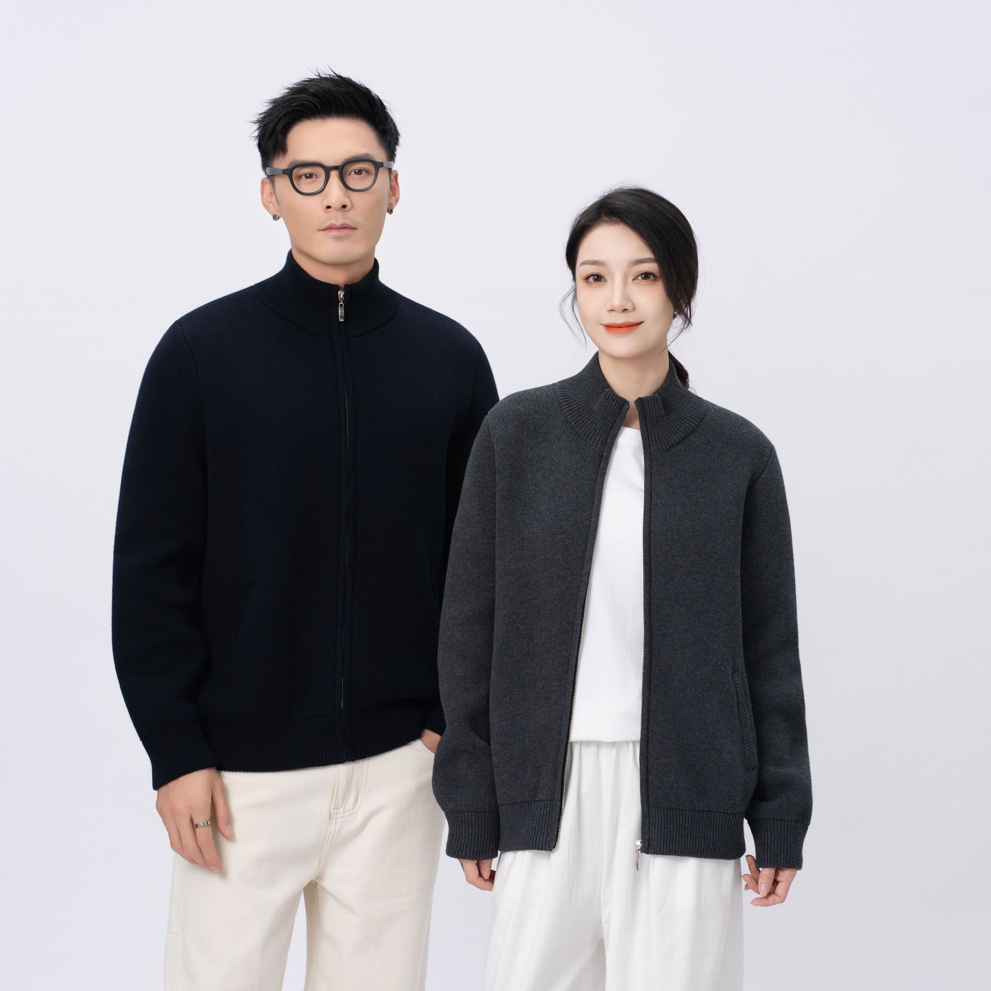 A【H025】秋冬半高领100%紧密纺纯山羊绒针织开衫重磅加厚羊绒衫