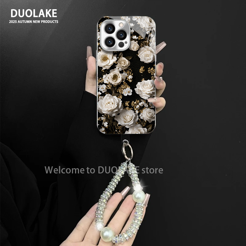 白玫瑰适用苹果vivo华为oppo小米iPhone17电镀玻璃防摔手机壳女款