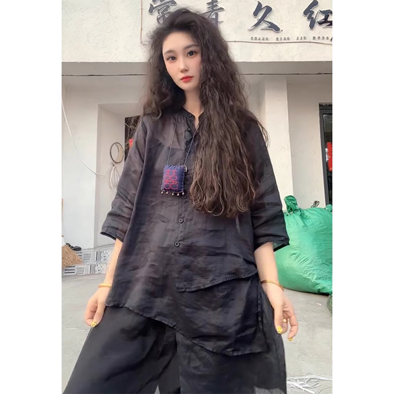 欧洲站2025年夏季新款设计感小众宽松拼接圆领衬衫女薄款休闲衬衣