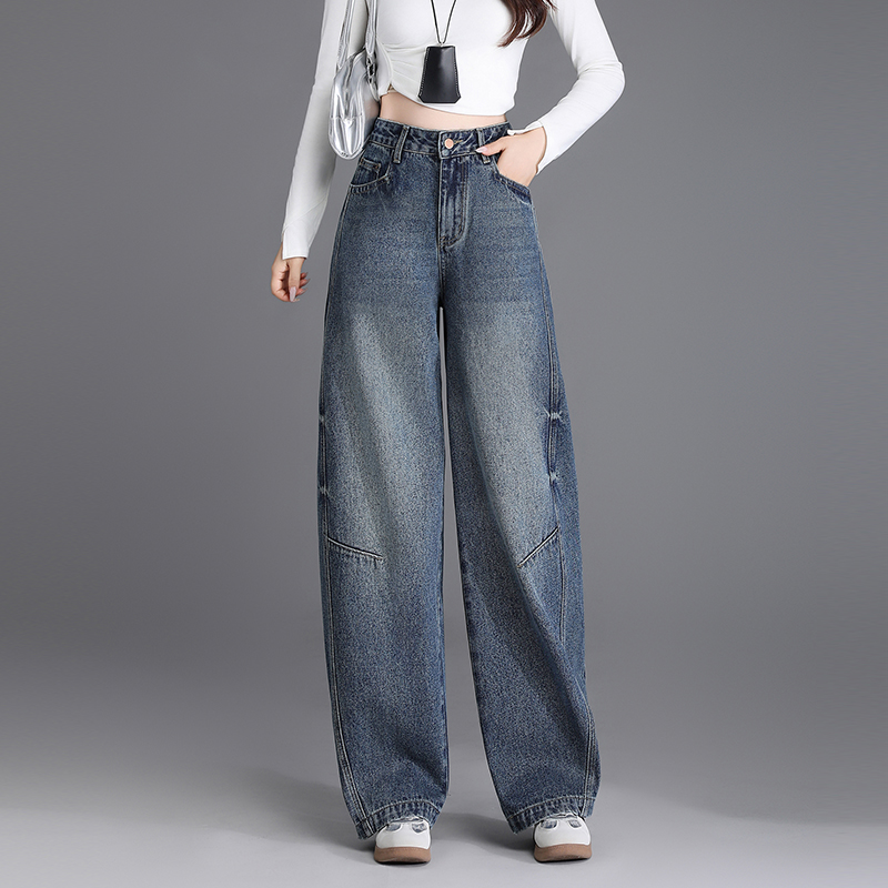 蓝色阔腿牛仔裤女2025新款秋冬加绒高腰裤子复古宽松弯刀裤哈伦裤