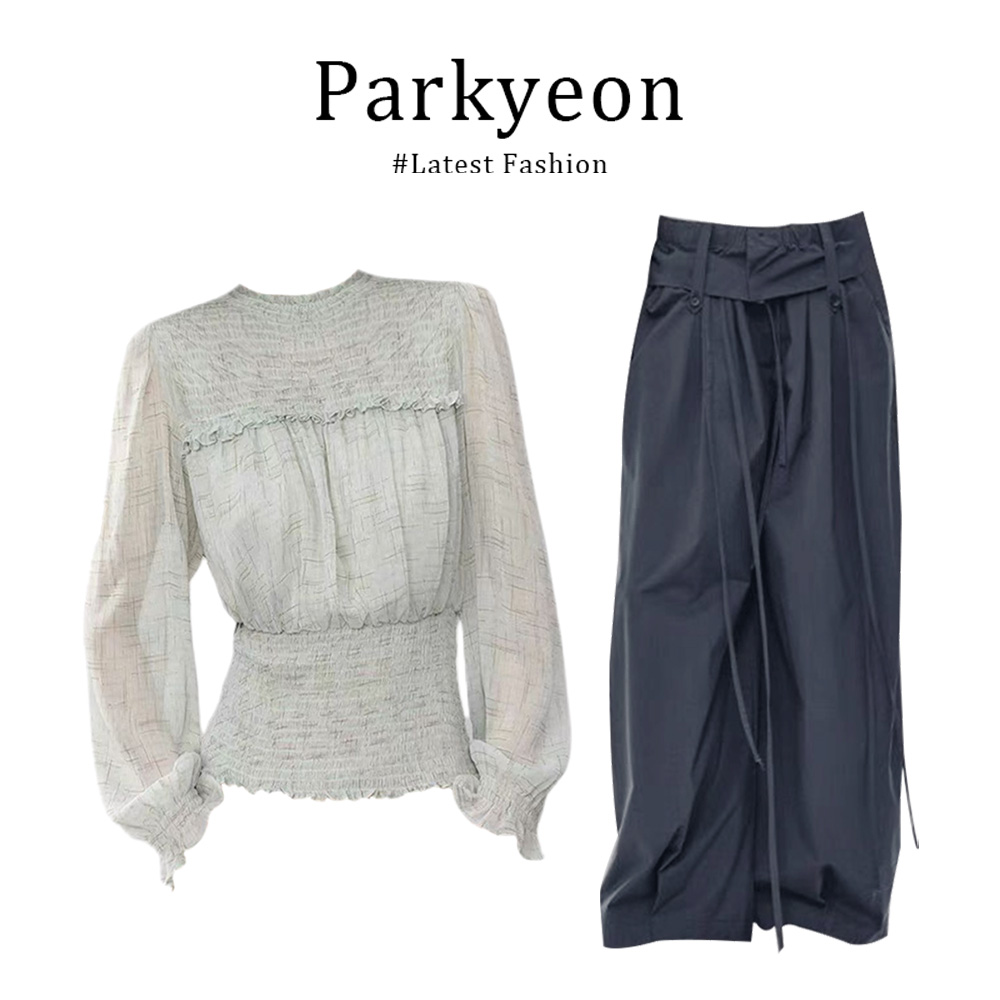 parkyeon法式别致少女风轻奢雪纱上衣时尚黑色系带休闲裤早秋套装