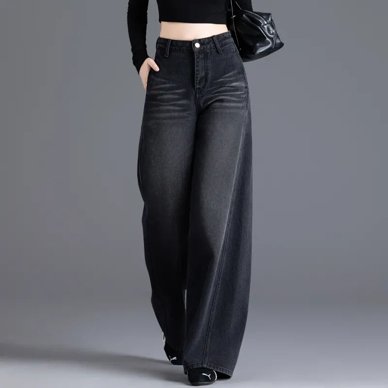 黑色加绒牛仔裤女2025新款秋冬季百搭裤子高腰显瘦直筒裤阔腿裤