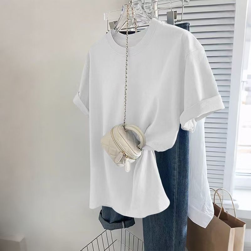 女款夏季纯色简约宽松基础款短袖白色t恤男女同款圆领显瘦上衣
