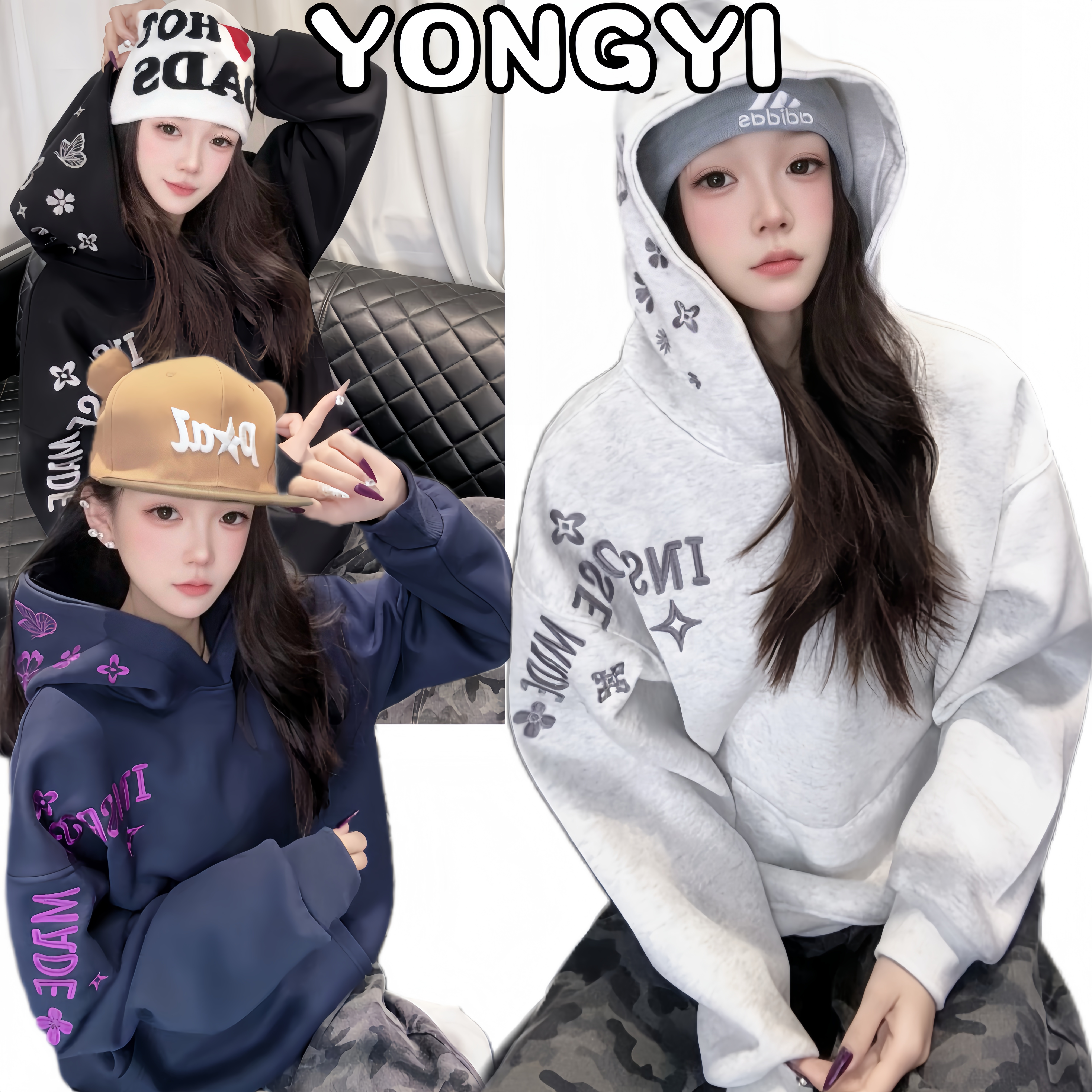 YONGYI美式复古帽子花卉字母刺绣设计连帽卫衣宽松情侣秋冬百搭