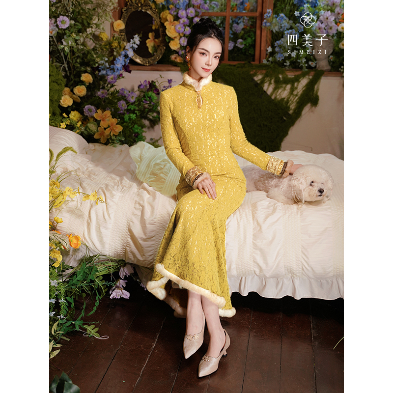 四美子【橙悦】冬季新款加厚中国风修身蕾丝加绒大摆鱼尾旗袍连衣裙