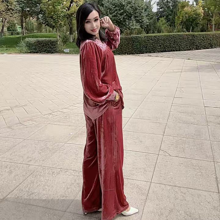 奢感丝绒极简精裁真丝丝绒蕾丝上衣裤套装红色时尚宽松