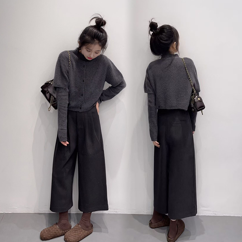 2025秋冬新款老钱风低调气质针织衫上衣打底外穿长袖套装阔腿裤
