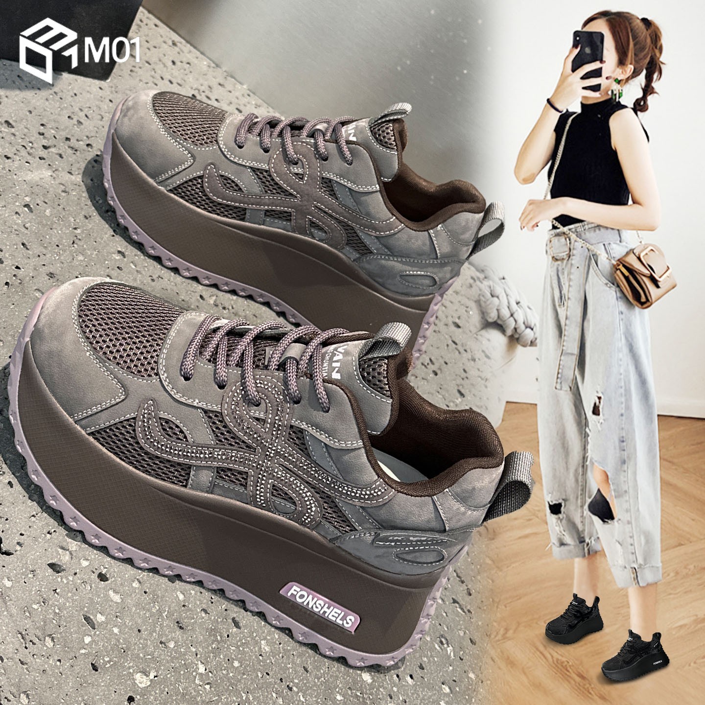 M01厚底灰色老爹鞋女新款今年流行爆款小个子增高百搭运动休闲鞋