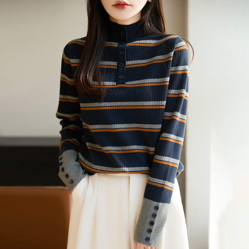 哥弟阿玛施正品新款高领拼色条纹针织衫2025冬季时尚洋气打底衫女