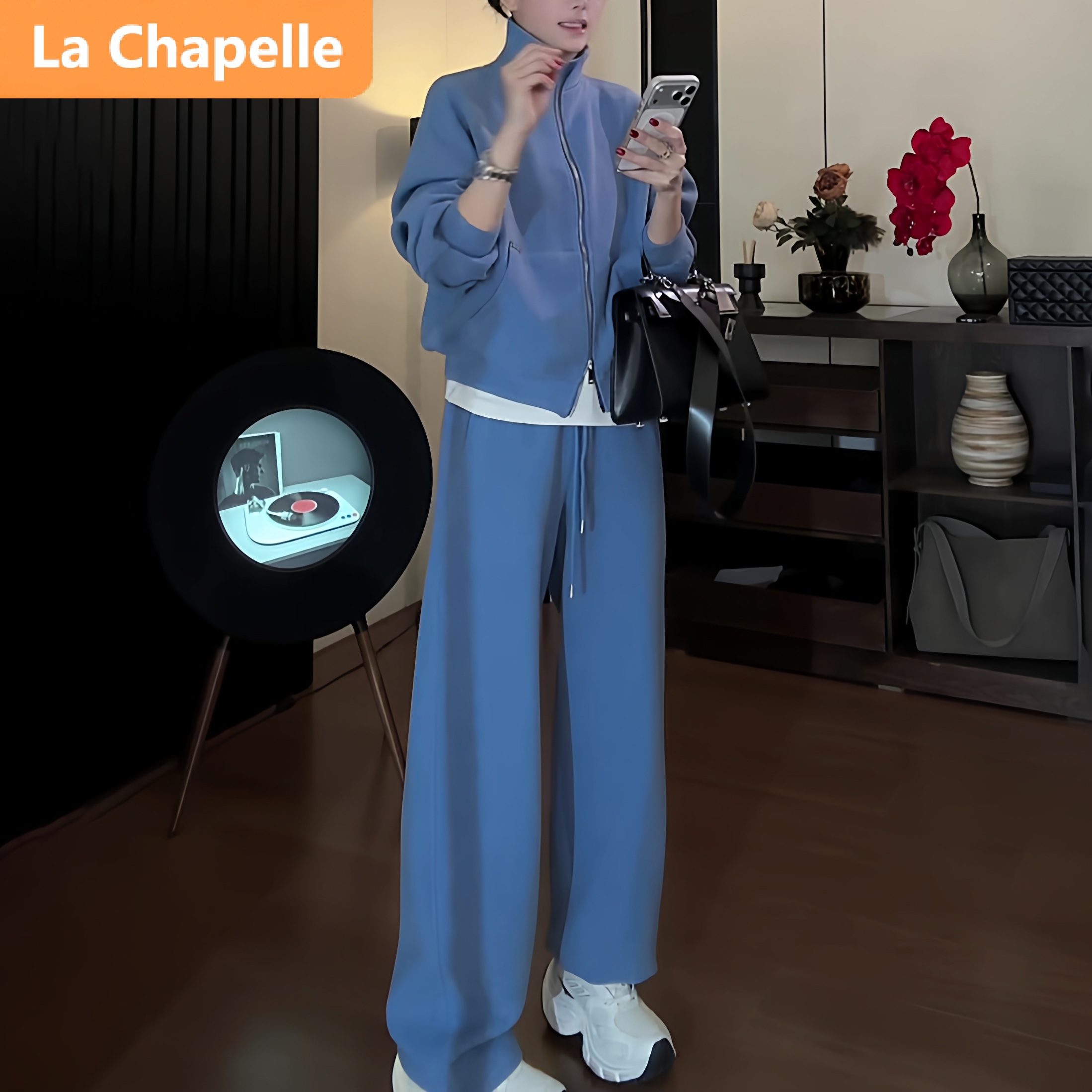 拉夏贝尔潮流时尚休闲风套装女春秋冬洋气减龄蓝色拉链卫衣两件套