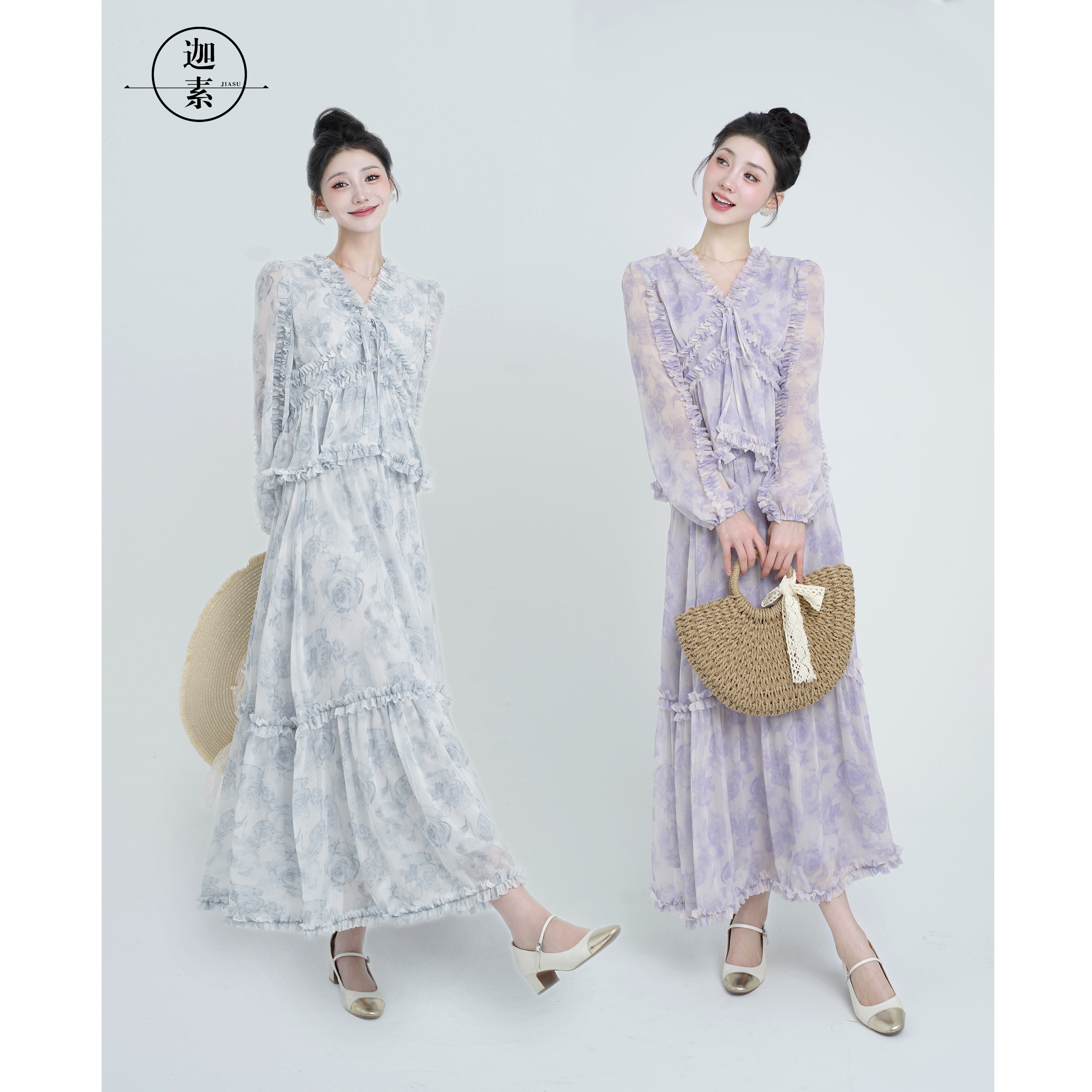 迦素JIASU 【蓝调栀晓】2025夏季气质时尚显瘦重工印花套装 S463