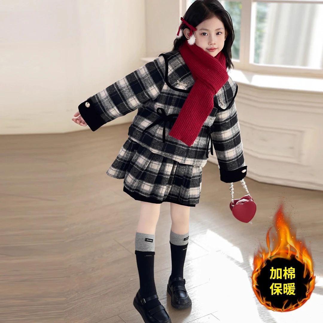 女童冬装套装2025新款儿童加厚毛呢小香风两件套女孩冬季保暖衣服