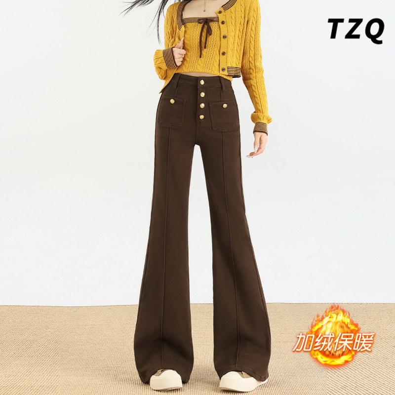 小个子咖色加绒微喇牛仔裤女款爆款2025秋冬高腰显瘦九分喇叭裤子