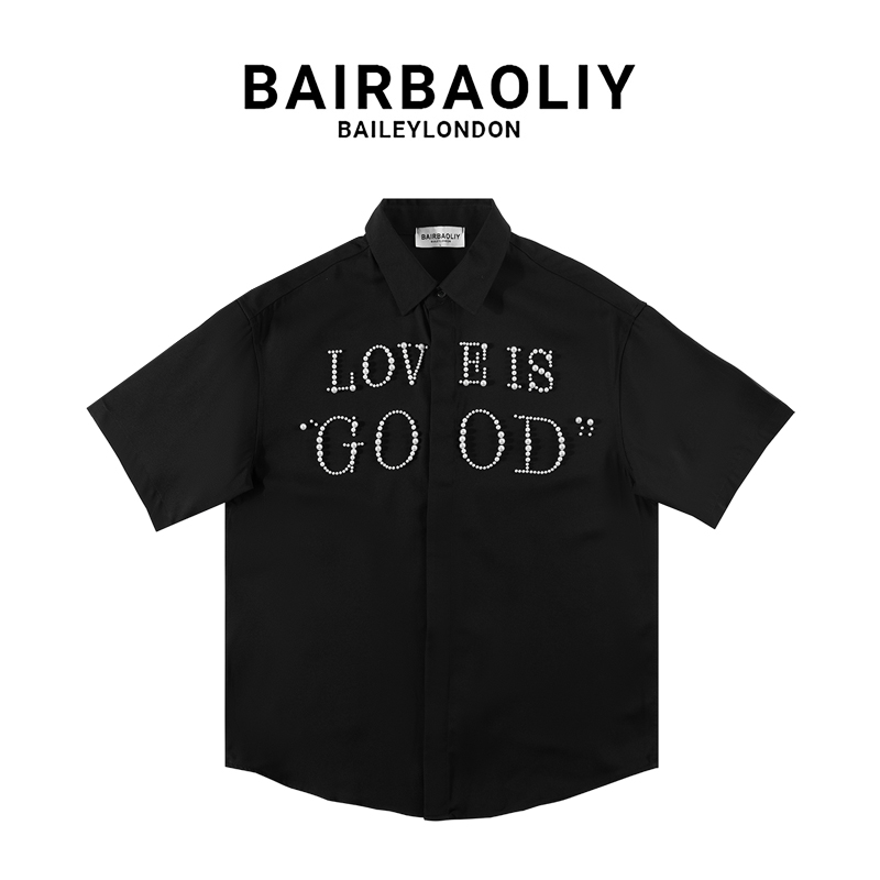 BAIRBAOLIY美式轻奢感LOVE系列珍珠钉珠短袖衬衫男宽松休闲时尚款