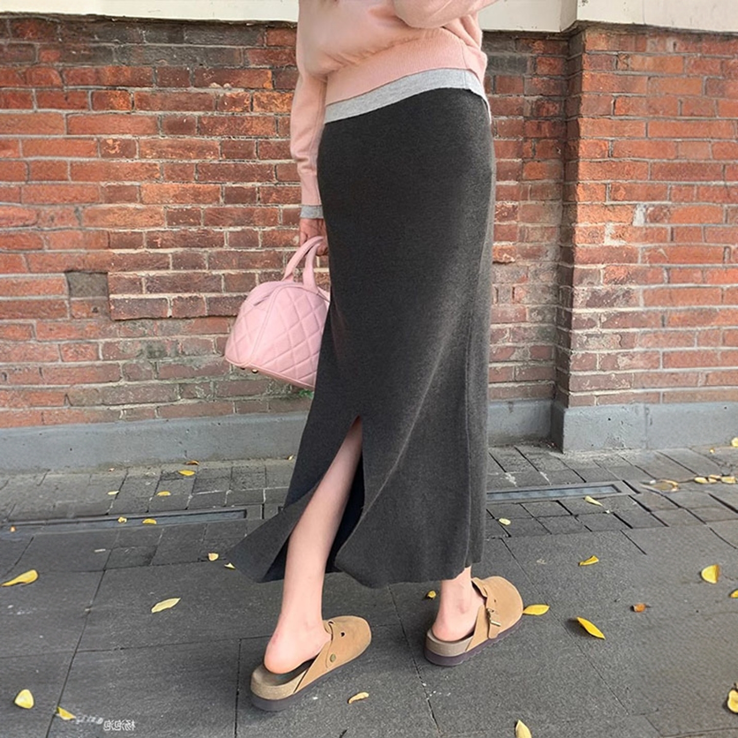 灰色羊毛线针织半身裙女秋冬超好看长款半裙气质开叉包臀一步长裙