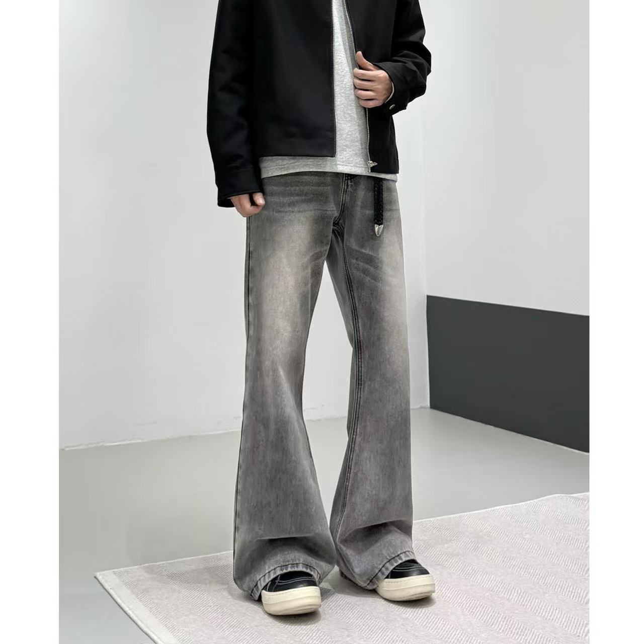 【弯刀版】cleanfit高级黑灰弯刀牛仔裤水洗做旧高街宽松阔腿裤潮流