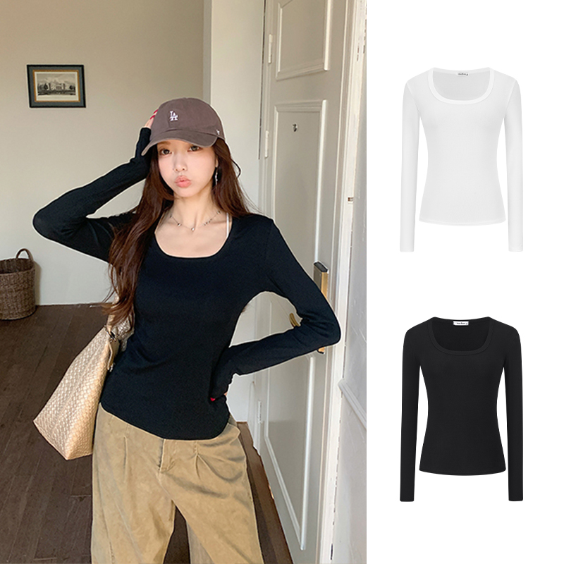 Moses Queen/魔西女王纯欲方领正肩长袖T恤修身掐腰显瘦打底衫