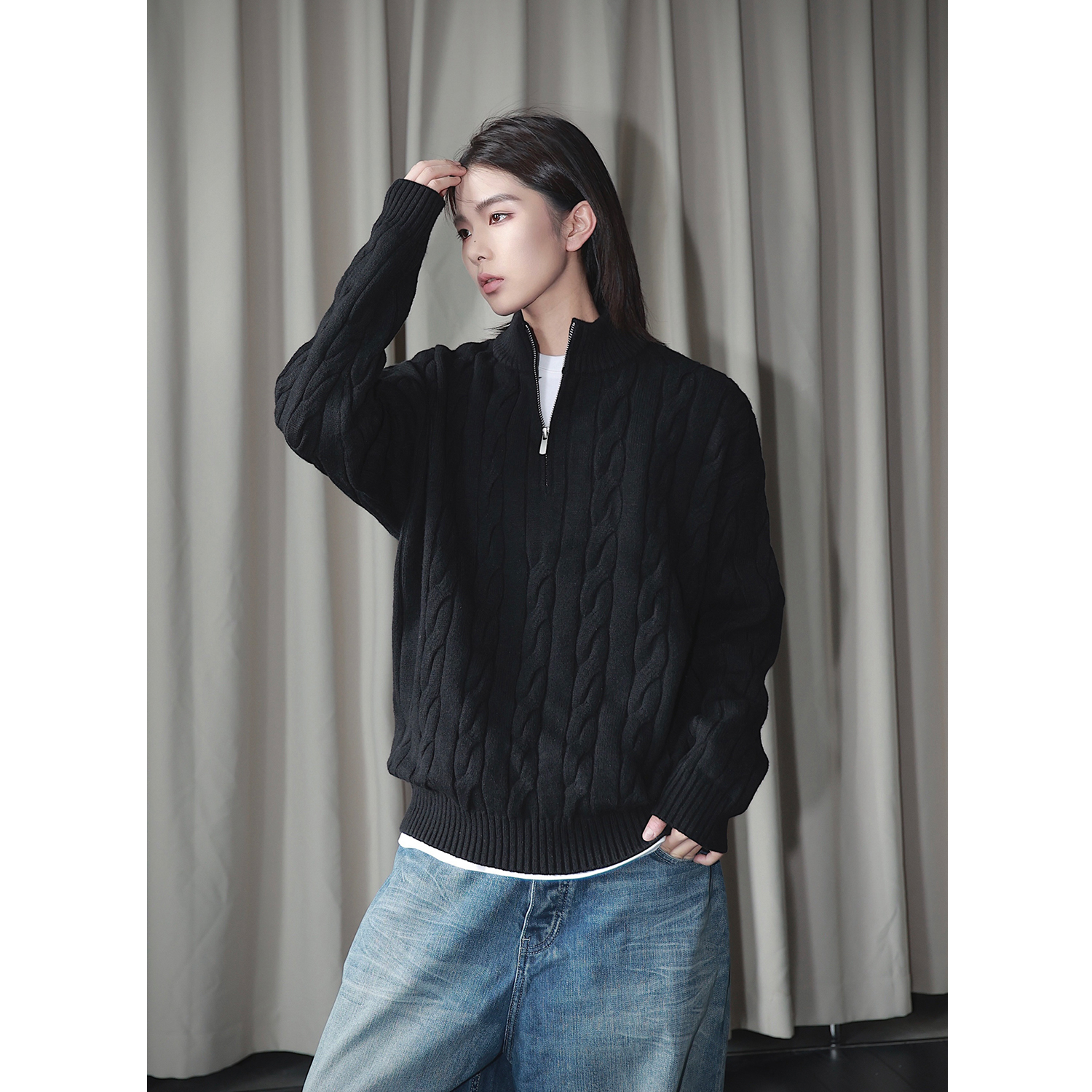 美式复古松弛感老钱麻花纹半拉链毛衣百搭休闲纯色半高领针织衫