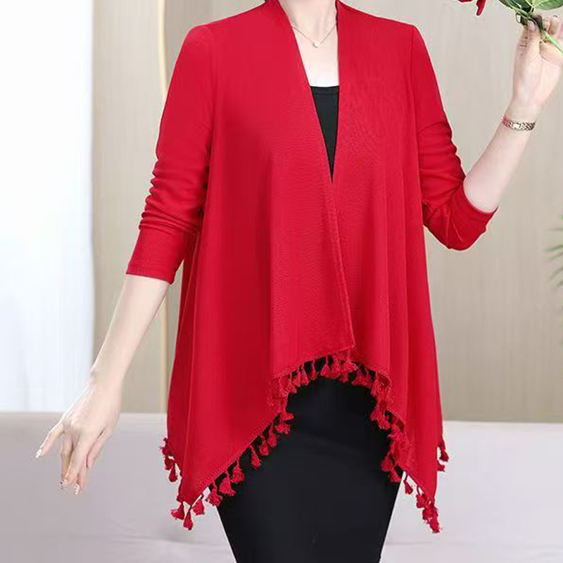 针织外搭开衫女2025大码中长款春秋长袖中年妈妈旗袍流苏披肩外套