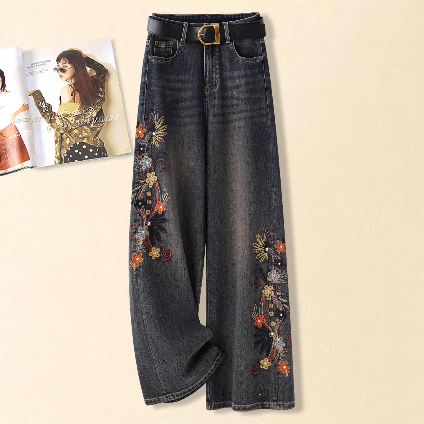 中国风刺绣阔腿牛仔裤女秋冬季2026新款加绒高腰显瘦超火直筒裤子