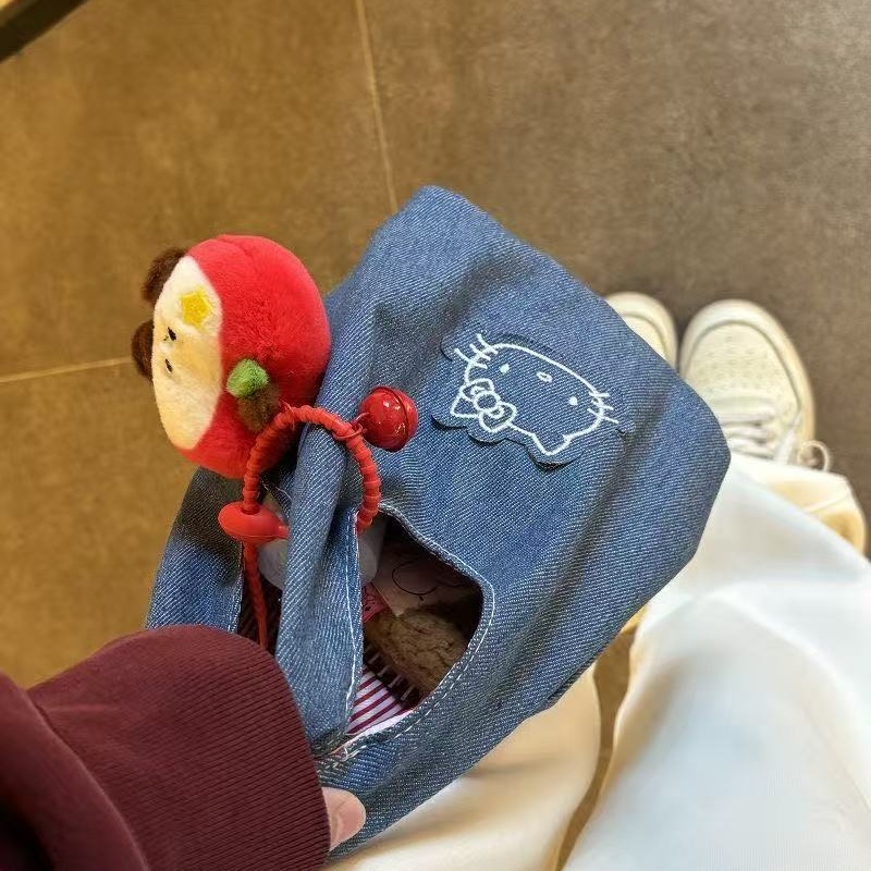 可爱牛仔刺绣kitty手拎包遛弯包外出便携大容量手提包上班便当包