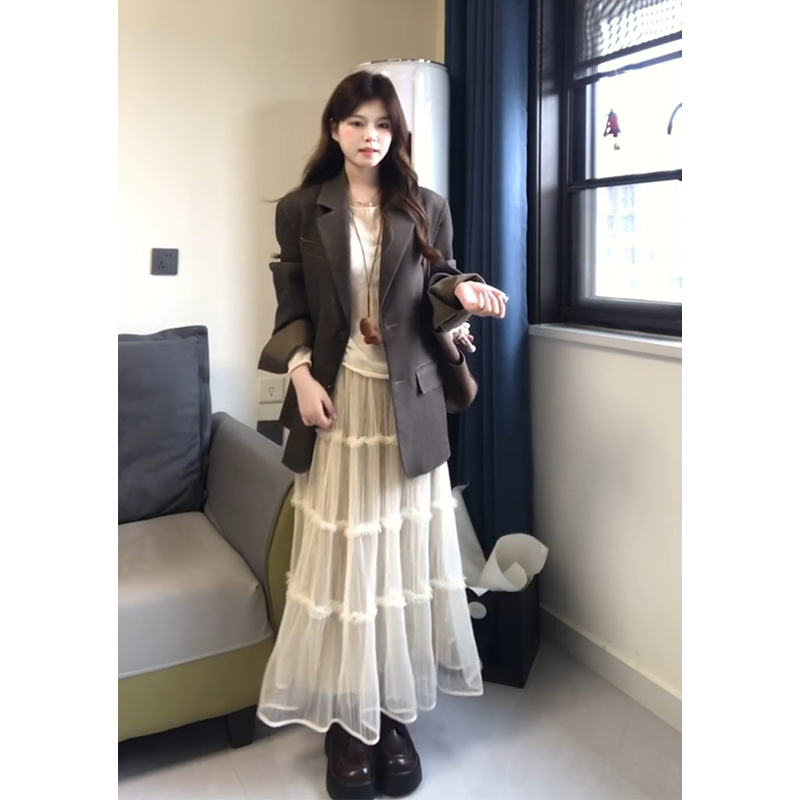 MARIE.COCO高级小众不撞款毛边西装外套女蕾丝拼接半身裙时尚套装