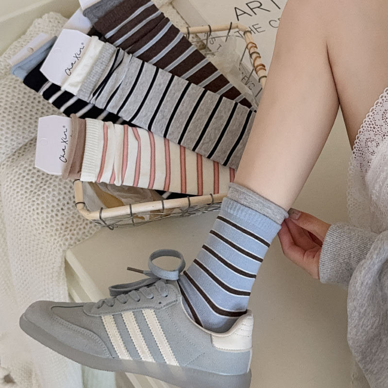 个性卷边双罗口袜子复古黑灰叠色条纹堆堆袜春秋款学生外穿中筒袜