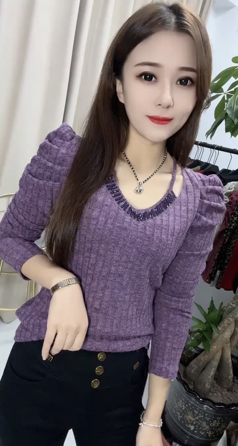 欧货针织衫女2025秋冬新款时尚气质V领串珠减龄显瘦泡泡袖打底衫