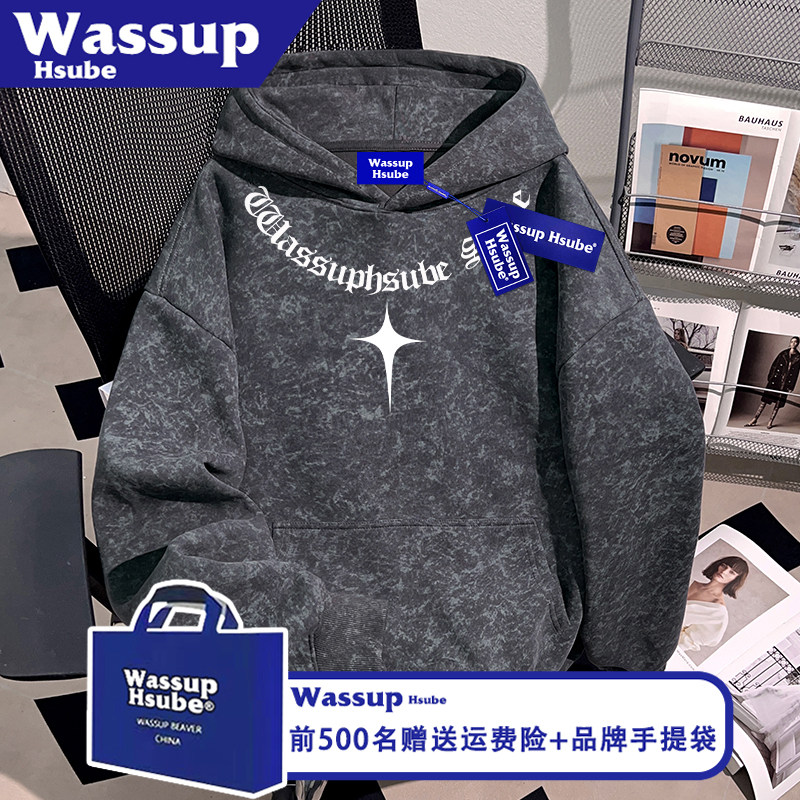 WASSUP HSUBE秋冬季碳灰蜡染百搭哥特字母印花加绒卫衣男连帽上衣