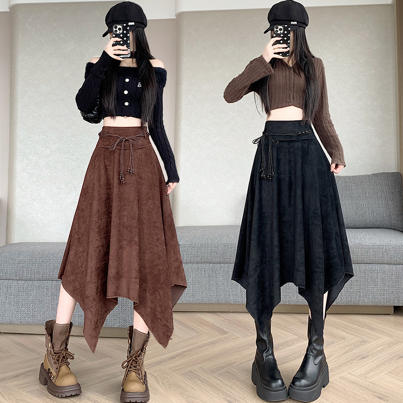 双11不规则半身裙秋冬女冬季新款高腰a字伞裙美拉德穿搭绒中长裙