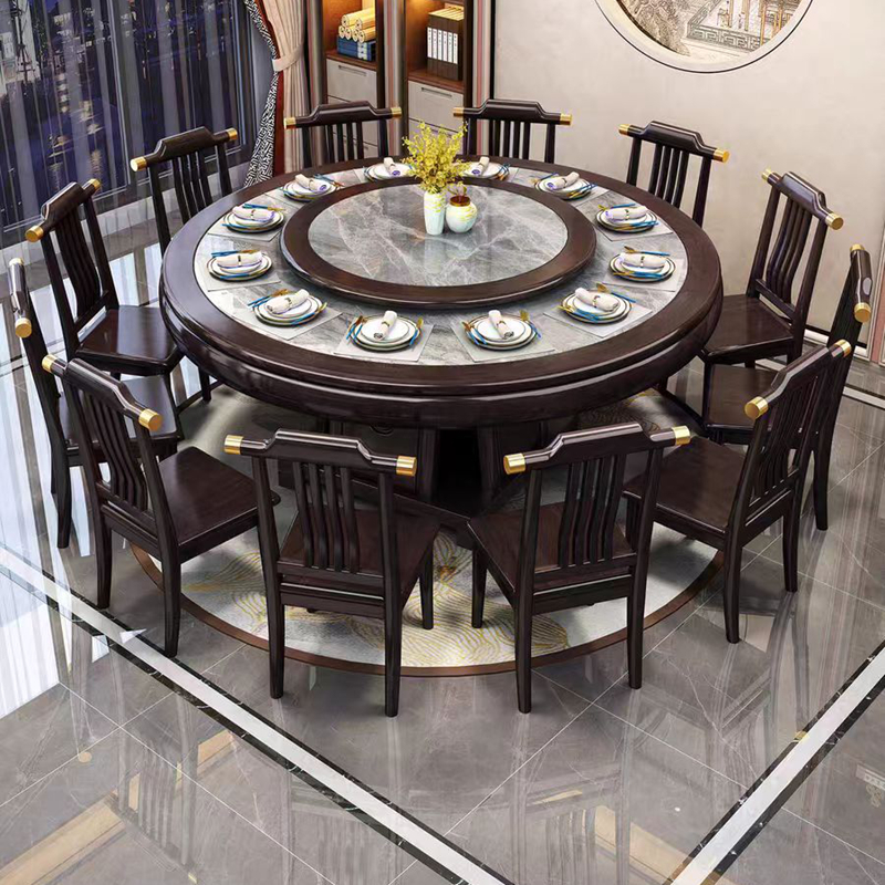 新中式餐桌实木岩板圆桌家用饭店商用10人2m大圆桌吃饭桌子带转盘