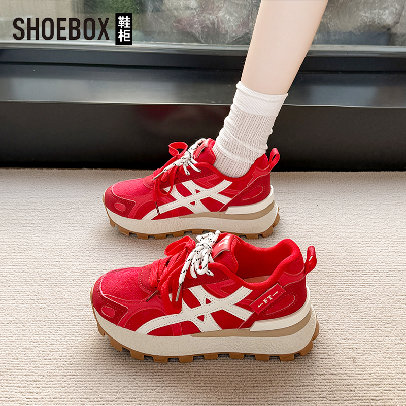 SHOEBOX鞋柜红色厚底运动鞋秋2025新款爆款时尚百搭防滑板鞋女
