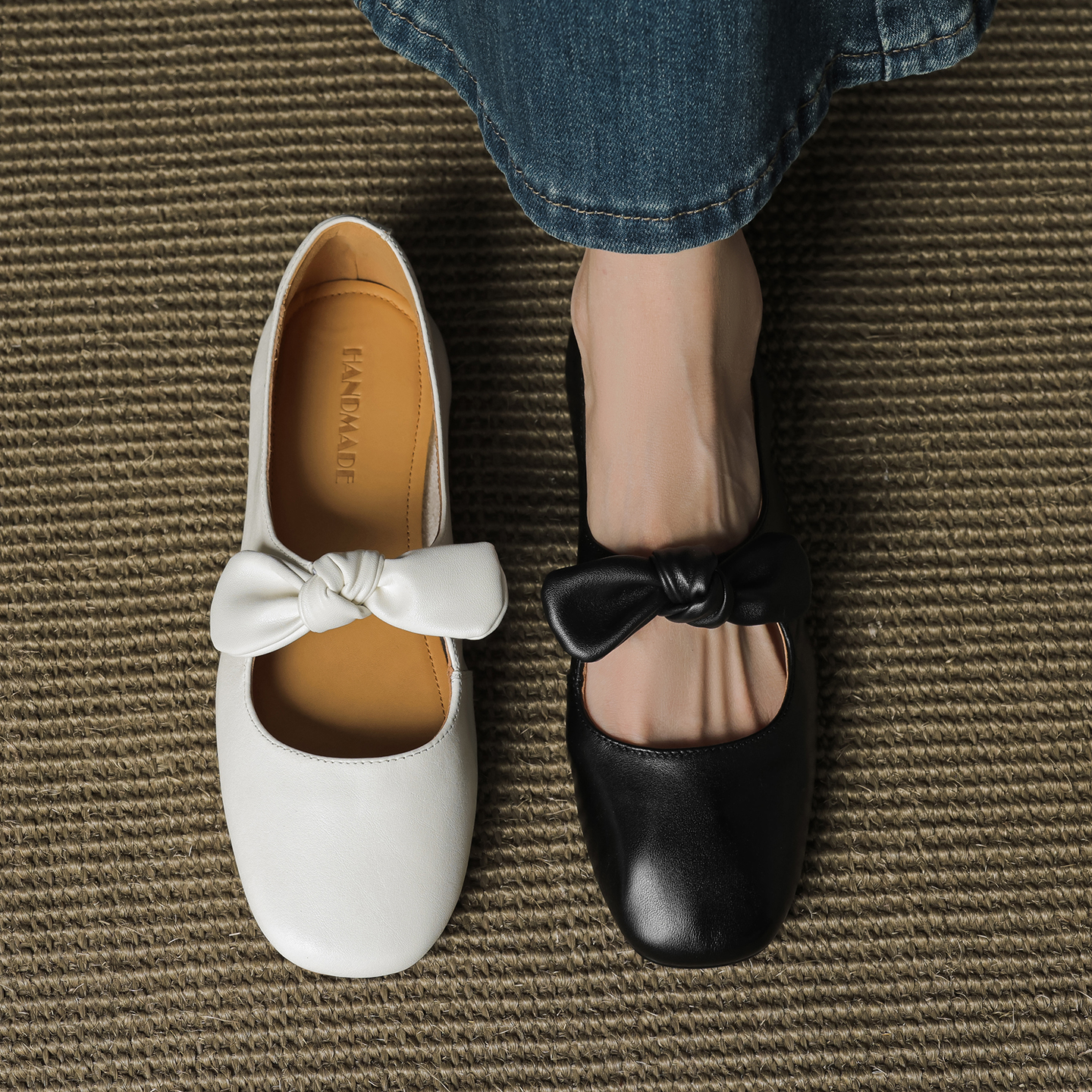 2025年春秋季新款真皮浅口单鞋女蝴蝶结休闲软底舒适气质平底鞋子