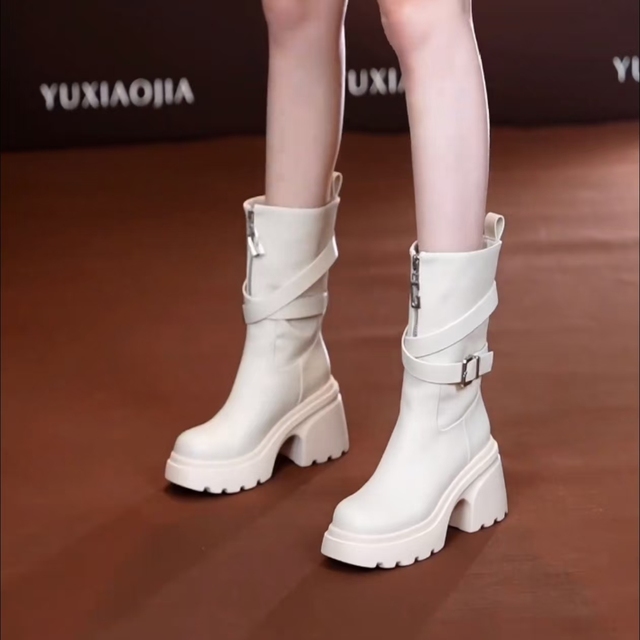 小个子时尚中筒靴英伦风厚底马丁靴女2025秋冬款前拉链高跟时装靴