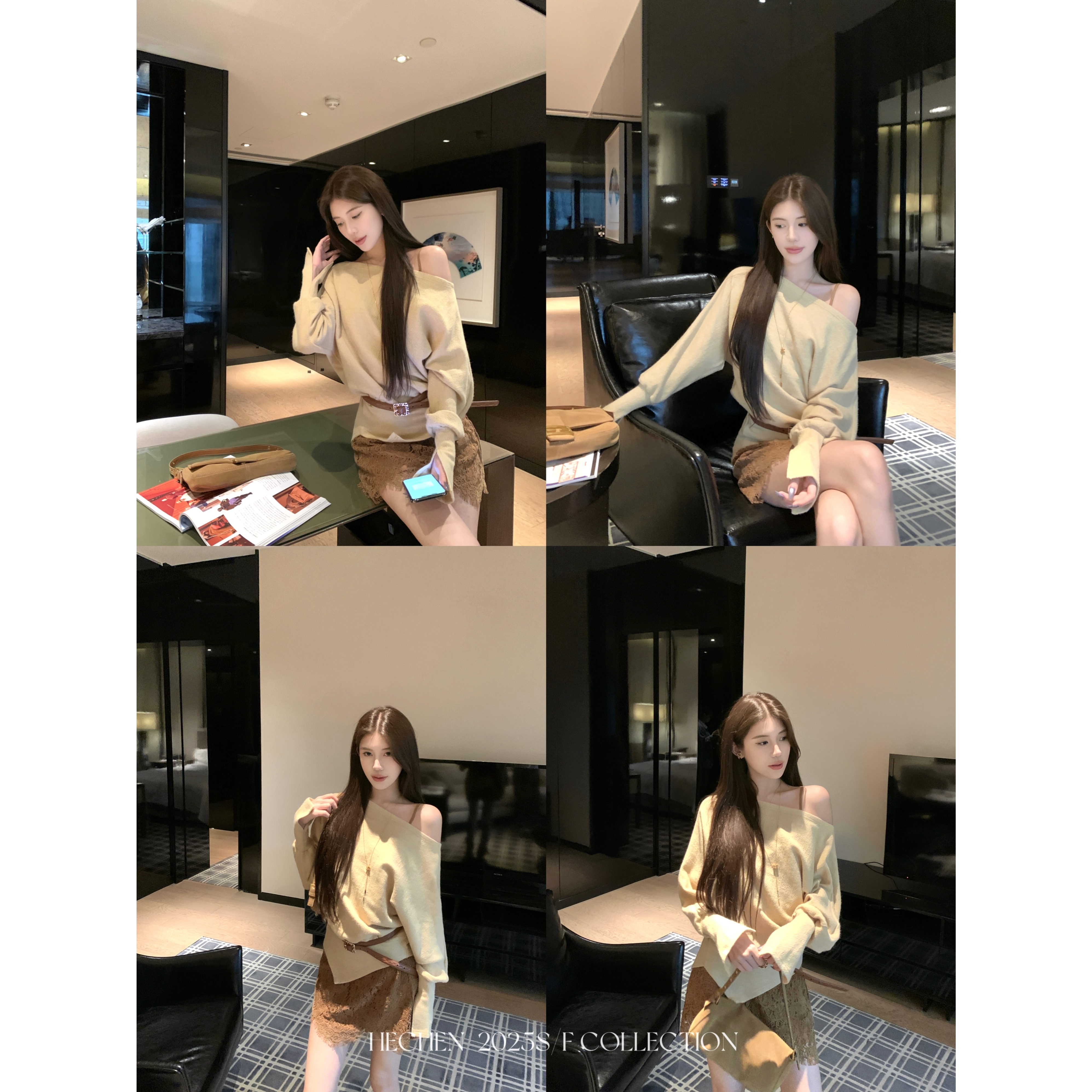 【禾呈】早秋温柔针织斜肩宽松显瘦上衣女长袖时尚秋季上衣10610