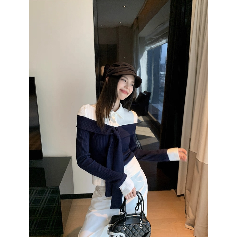 气质百搭polo领长袖内搭t恤女打底衫秋冬韩系设计修身假两件上衣