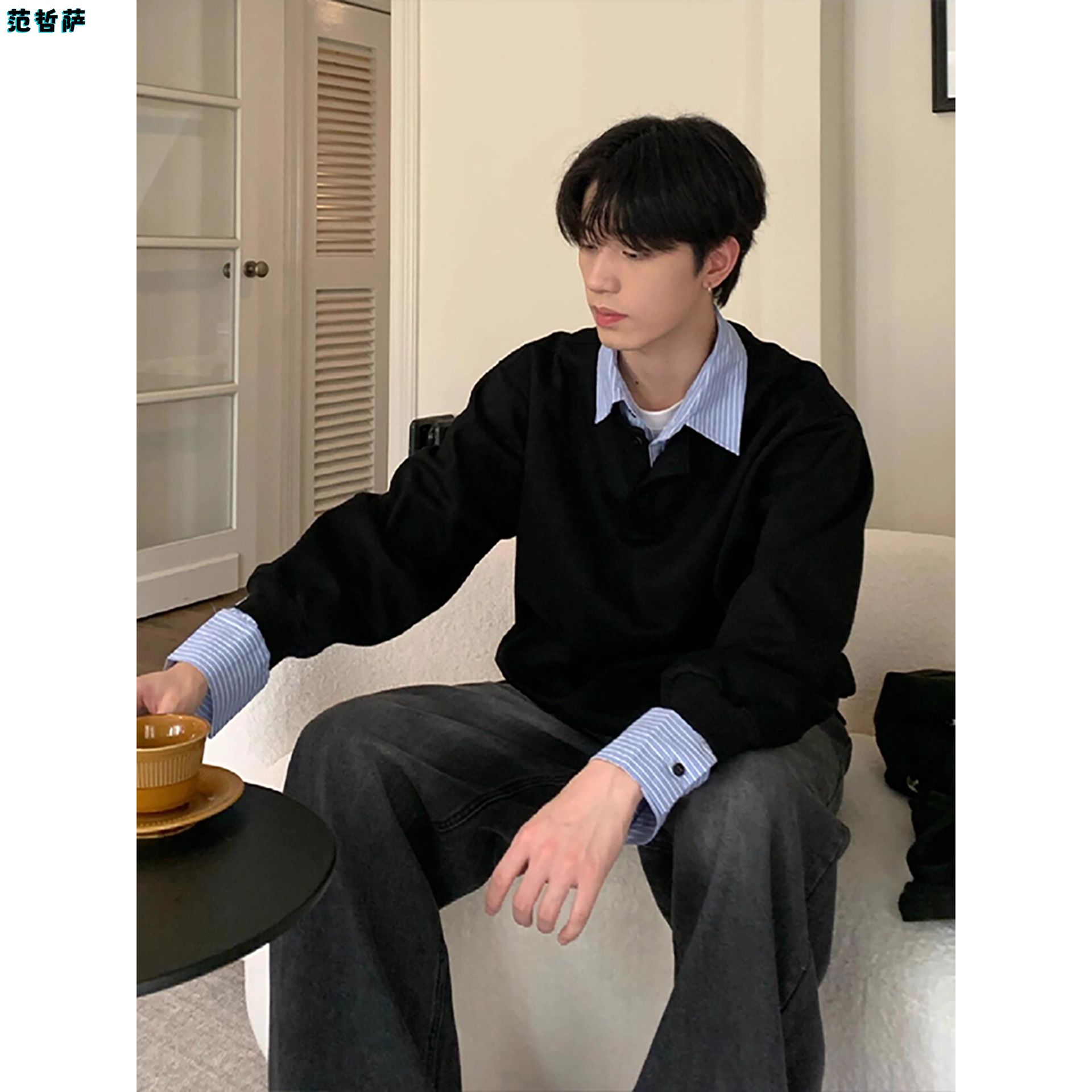 黑色假两件撞色拼接衬衫男款美式复古条纹卫衣感重磅长袖上衣